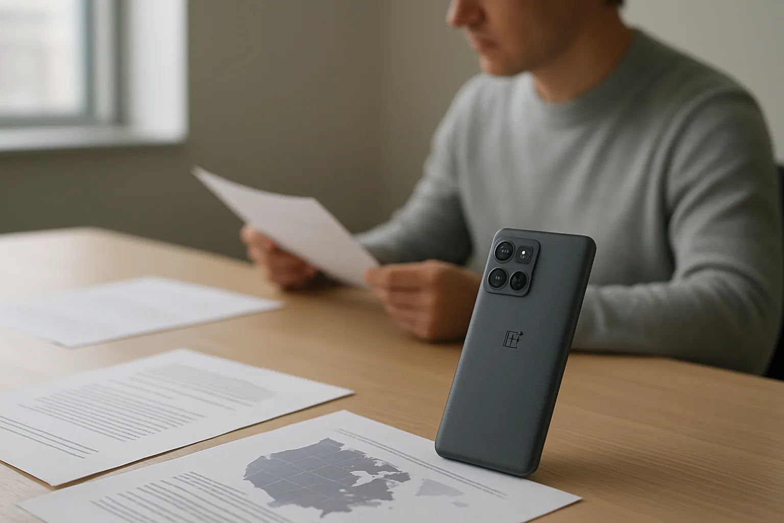Un teléfono OnePlus sobre una mesa junto a documentos regulatorios y un mapa de Estados Unidos y Europa, con una escena de oficina sobria y luz natural.