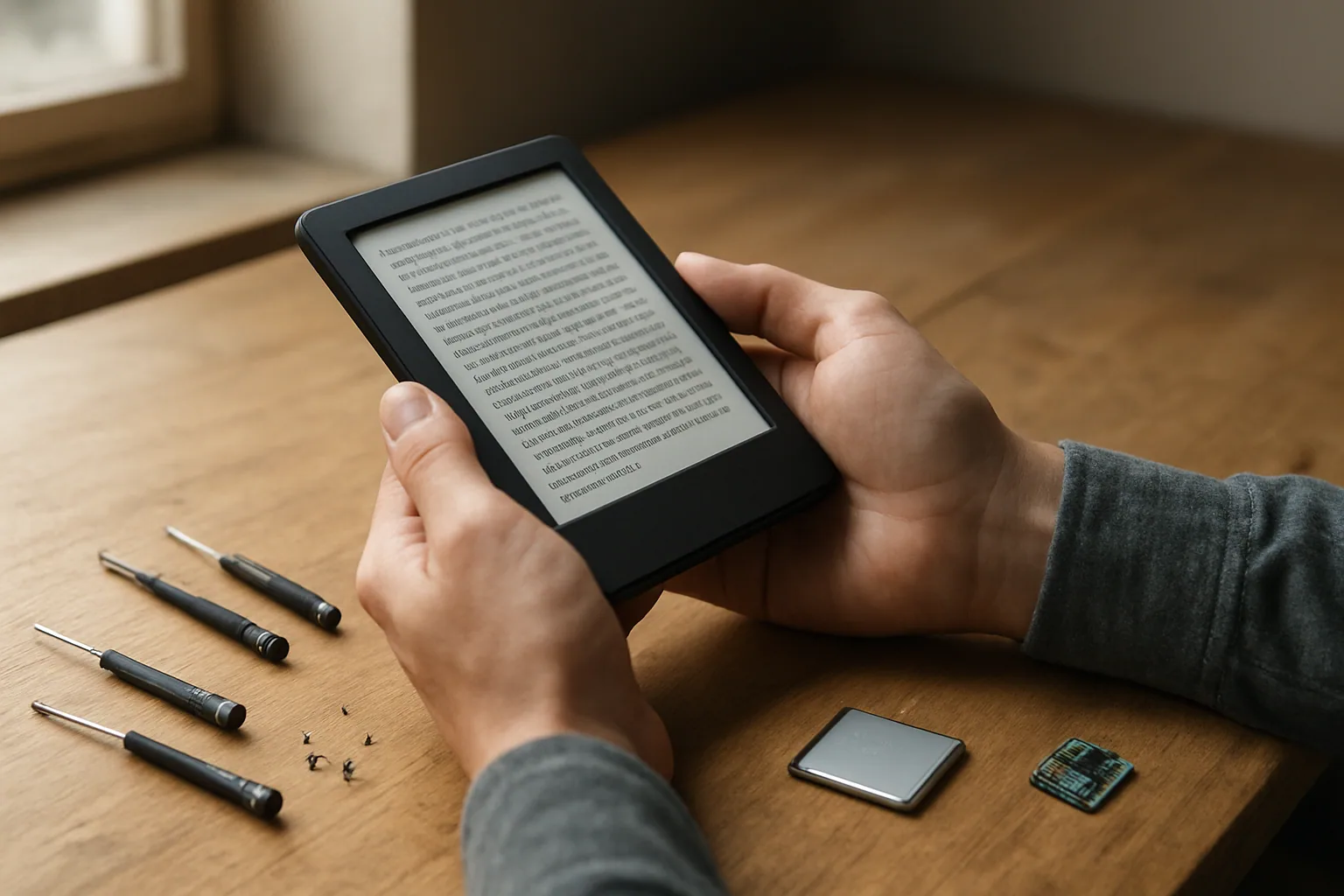 Un lector electrónico abierto con pantalla de tinta electrónica sostenido con una mano sobre una mesa de madera, junto a herramientas pequeñas y piezas de hardware.