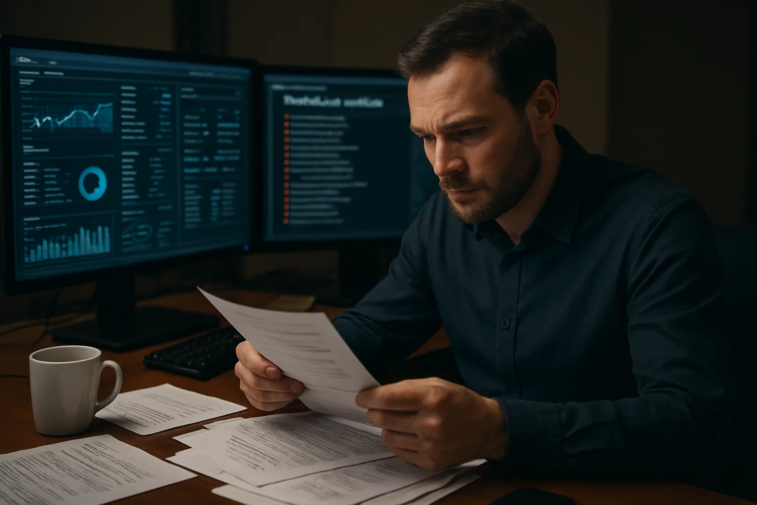 Una persona revisa en una pantalla registros técnicos y alertas de seguridad mientras en el escritorio hay notas con dominios sospechosos y credenciales anonimizadas.