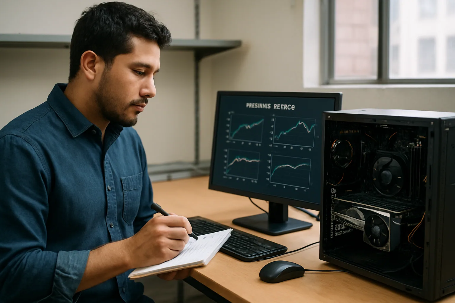 Un técnico revisa una torre de PC con una GPU de consumo instalada en un escritorio de laboratorio, junto a un monitor con métricas de inferencia y una libreta de notas.
