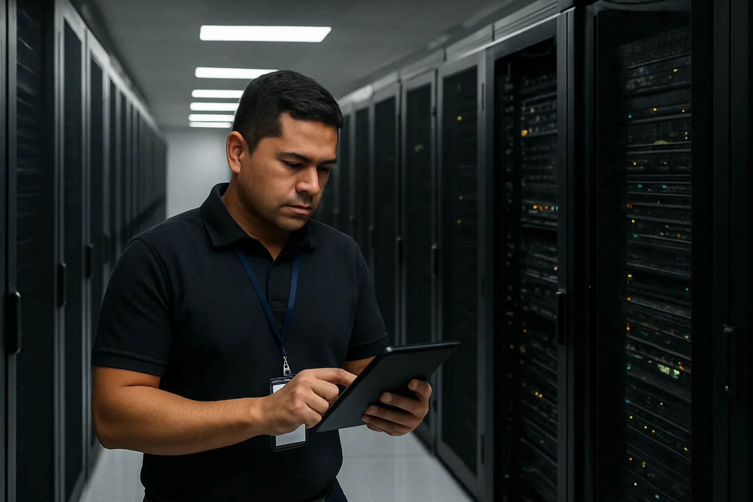 Una sala de servidores de AWS con racks iluminados y un ingeniero revisando métricas en una pantalla de control, mientras un panel muestra cargas de trabajo de modelos de IA.