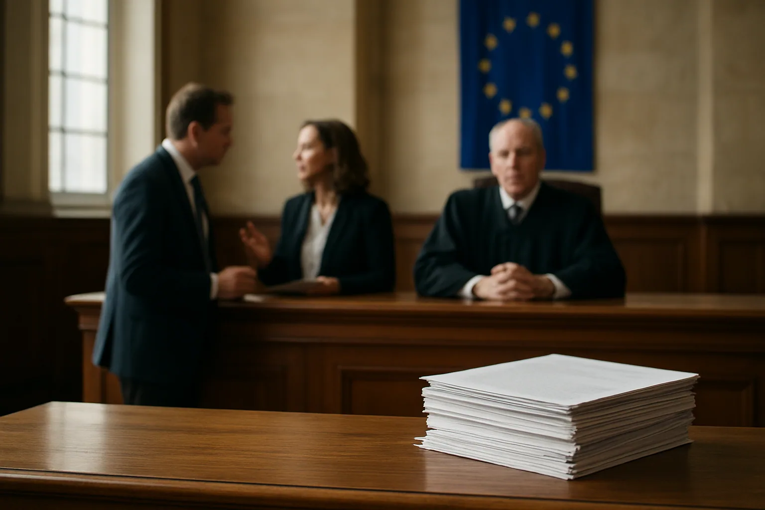 Una sala de tribunal en Europa con un juez, documentos legales sobre la mesa y una pantalla al fondo con el nombre OpenAI desenfocado.