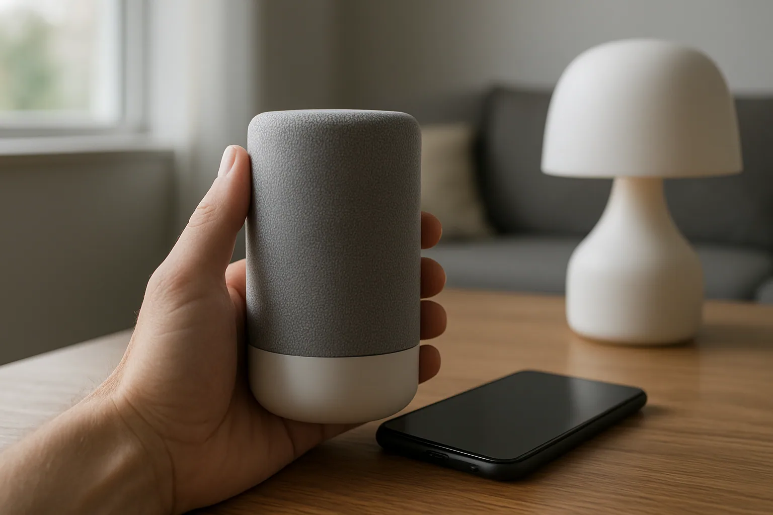Un prototipo de dispositivo pequeño y portátil sobre una mesa, sin pantalla, junto a un teléfono y una bocina inteligente en una sala iluminada naturalmente.