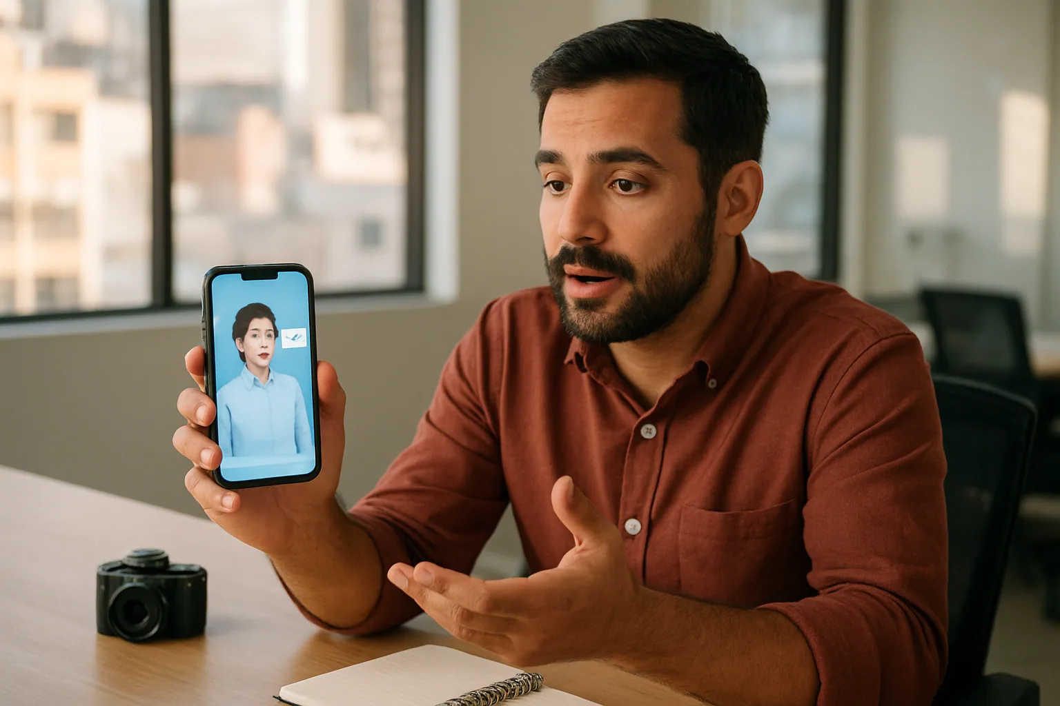 Una persona usando un teléfono mientras conversa con una interfaz de IA en una sala de trabajo moderna, con una pizarra y una cámara al fondo.