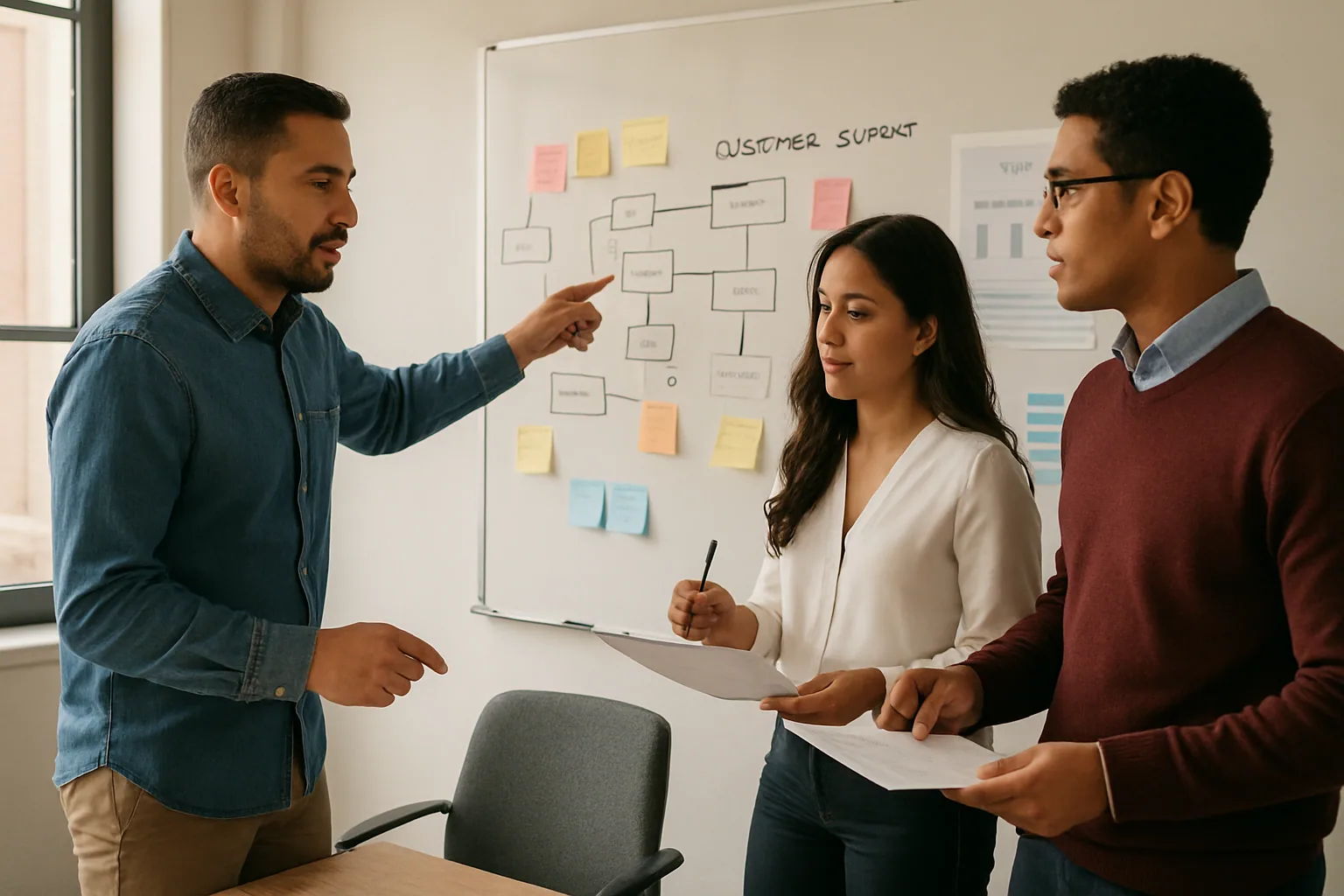 Una sala de trabajo con un equipo técnico revisando un pizarrón lleno de flujos de procesos, métricas y notas sobre automatización de IA para una empresa.