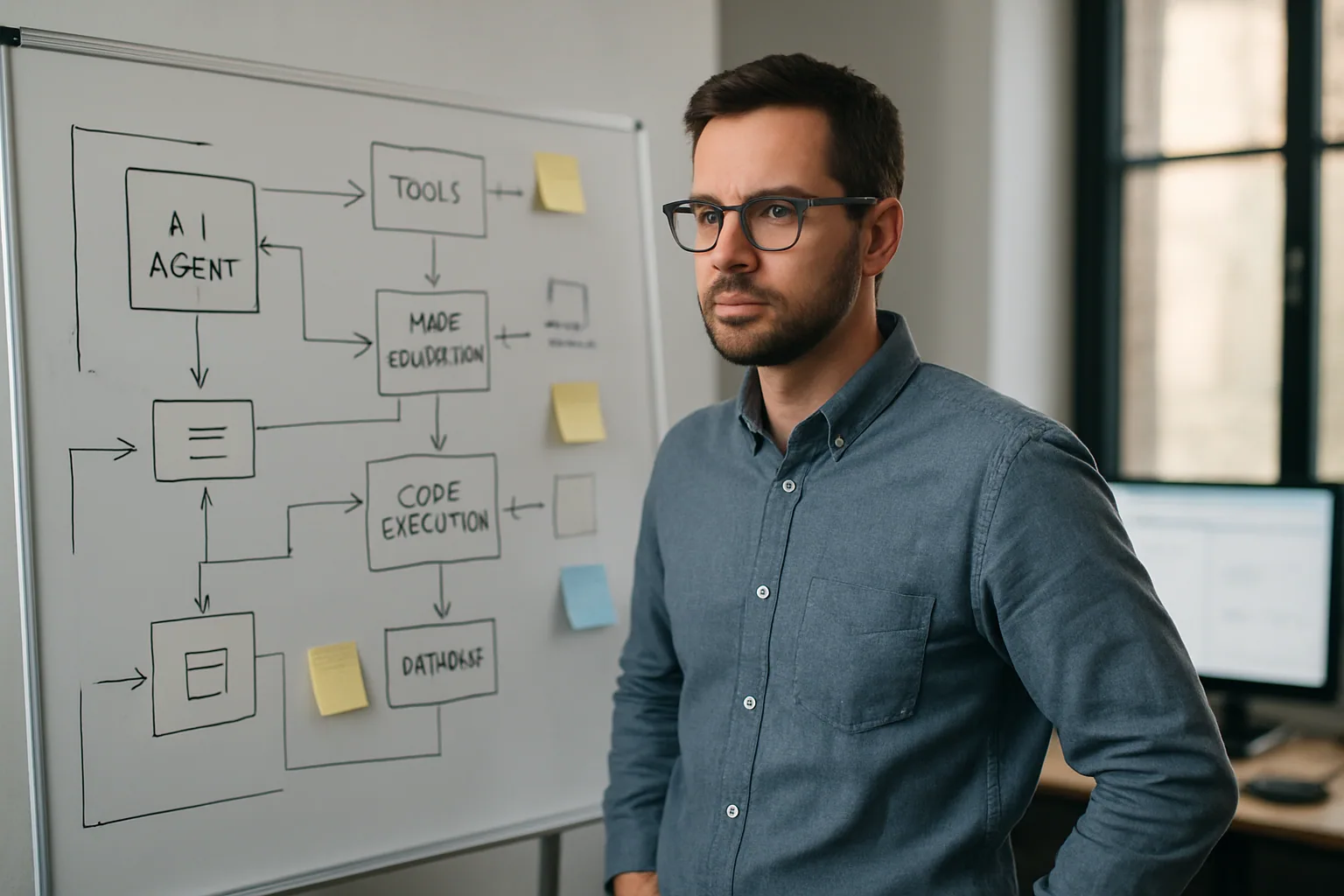 Una persona de perfil revisa una pizarra con diagramas de arquitectura y notas sobre agentes de IA en una oficina moderna.