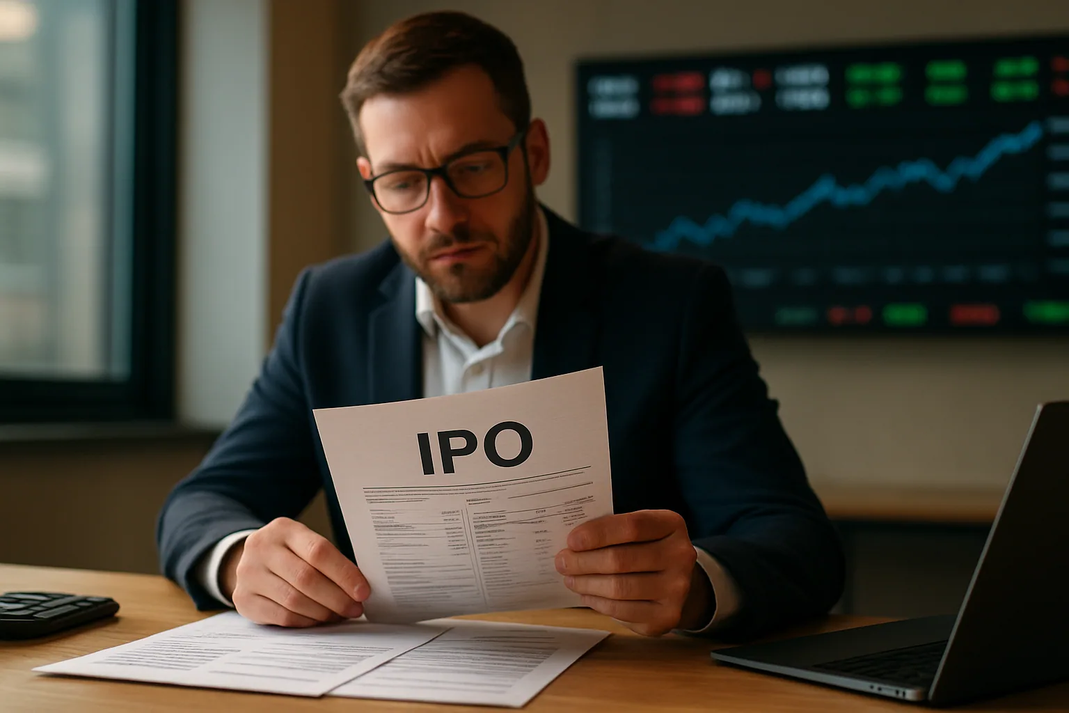 Una persona revisa documentos financieros impresos en una mesa de oficina mientras una pantalla al fondo muestra gráficos de mercado y titulares sobre tecnología.