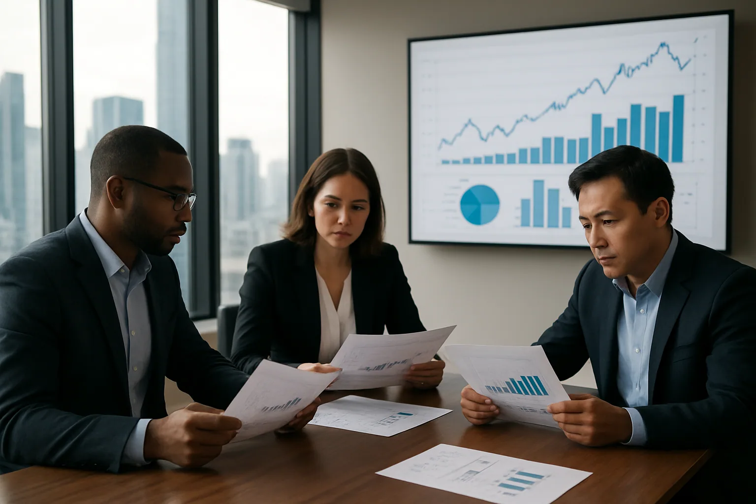 Una sala de juntas moderna con un grupo de ejecutivos revisando documentos financieros y una pantalla al fondo con gráficos de mercado, en un entorno corporativo sobrio.