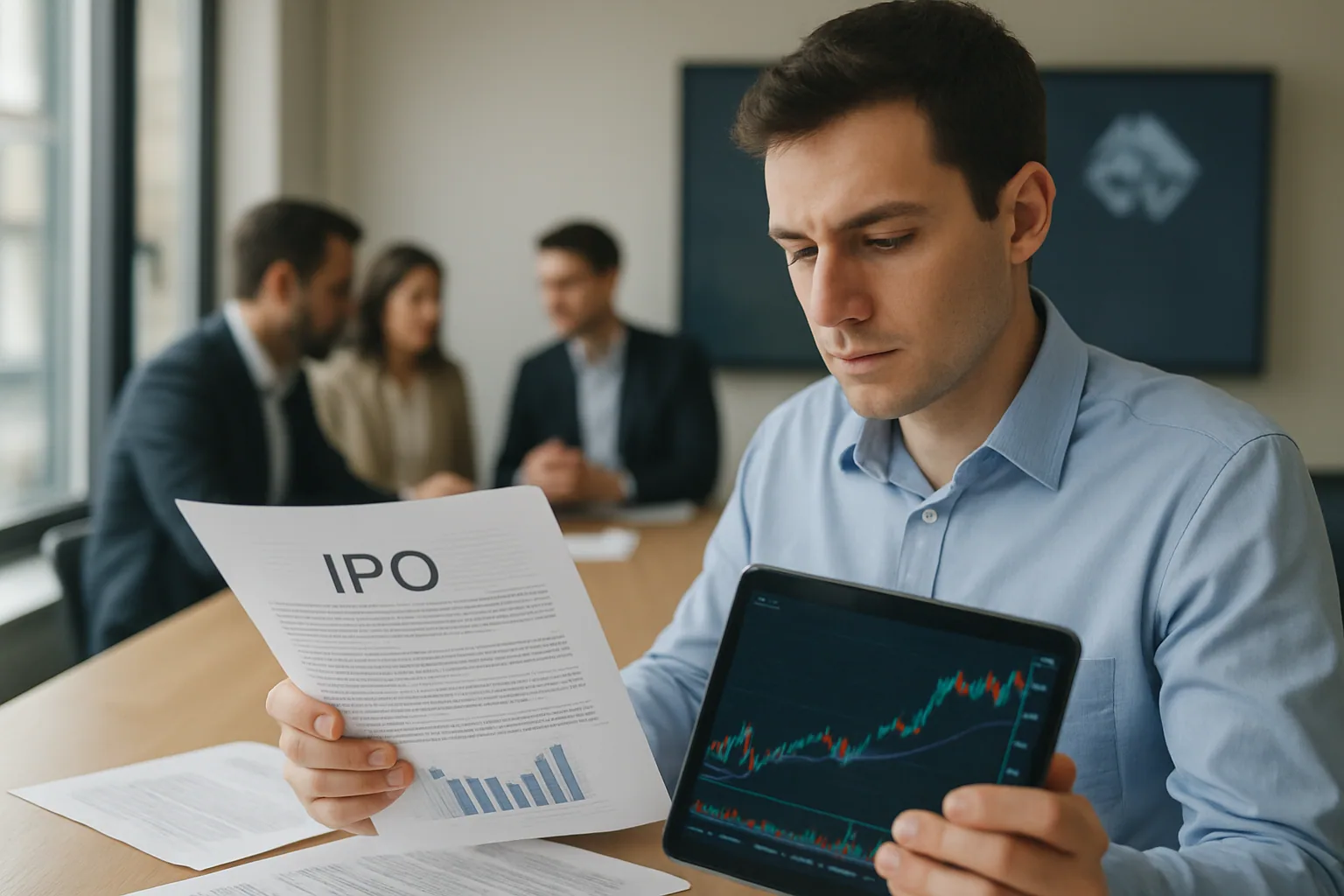 Una persona revisa noticias financieras en una pantalla mientras al fondo se ve una oficina moderna con gráficos de mercado y una conversación de equipo sobre inteligencia artificial.