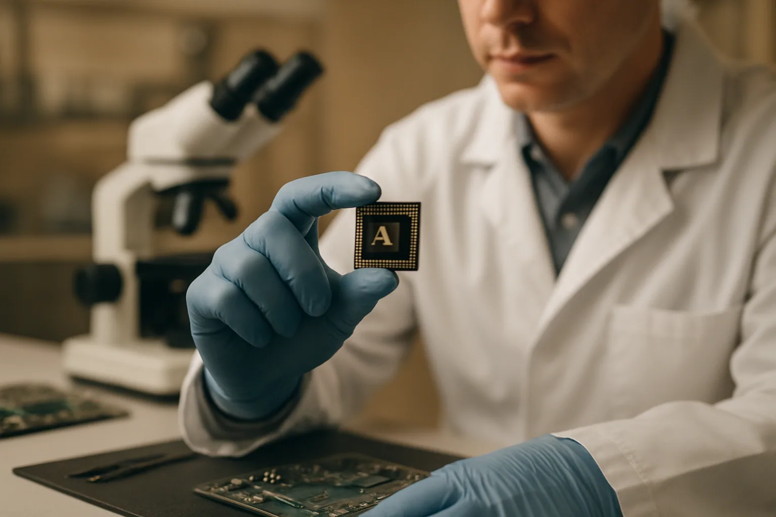 Una placa de semiconductores sobre una mesa de laboratorio junto a un ingeniero revisando componentes electrónicos en un entorno de prototipo.