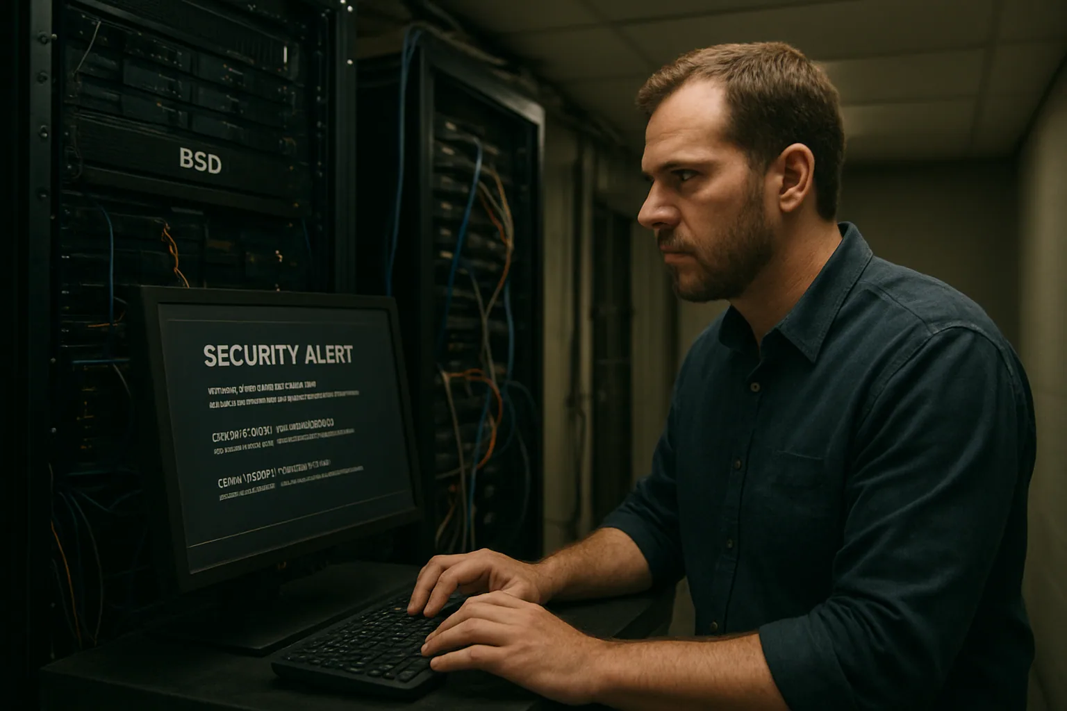 Un administrador revisa alertas de seguridad en una terminal mientras monitorea un servidor OpenBSD en una sala de operaciones.