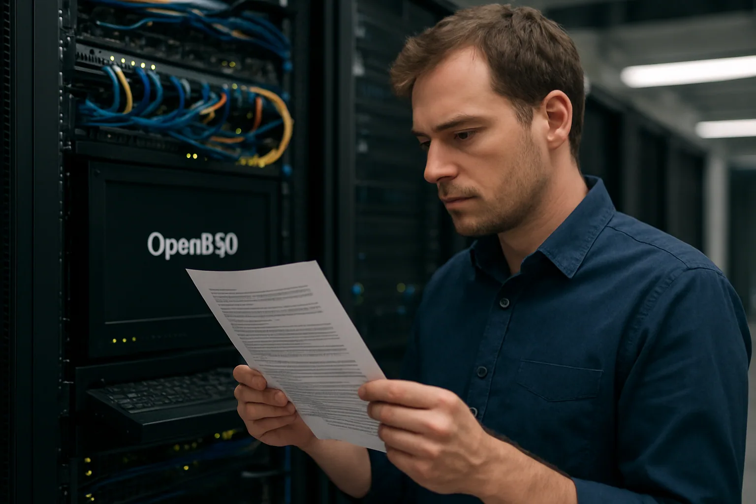 Un administrador revisa alertas de seguridad en un servidor OpenBSD dentro de una sala de racks iluminada con luz fría.