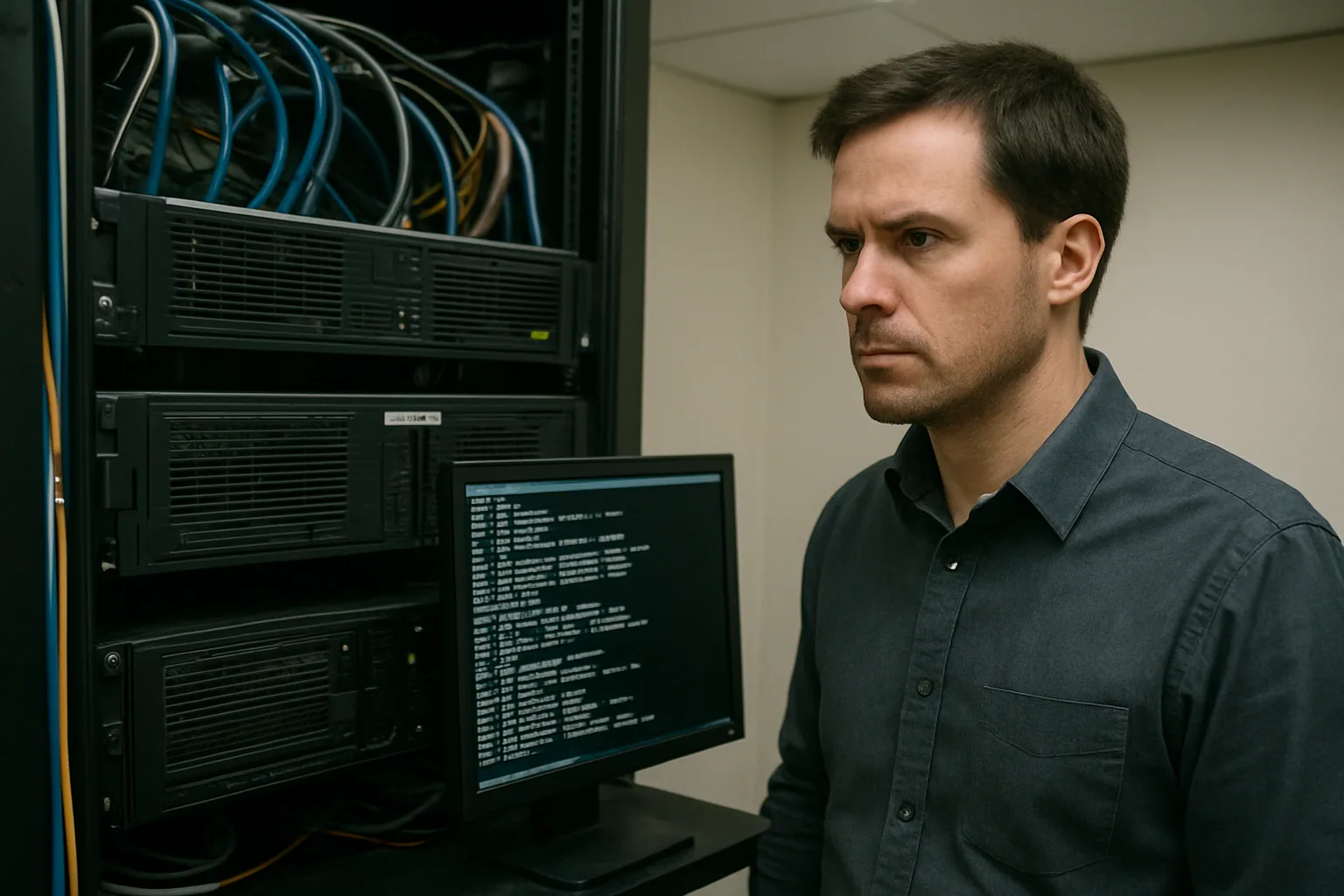 Un técnico de sistemas revisa terminales en una sala de servidores mientras sincroniza archivos entre dos equipos Unix con una consola abierta.