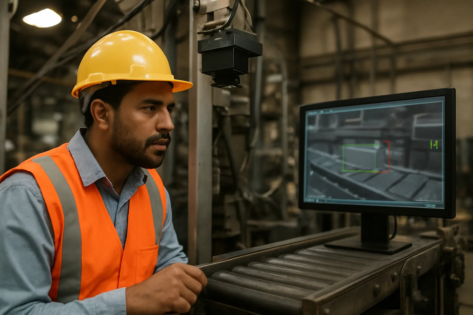 Un ingeniero revisa una cámara industrial montada sobre una línea de producción mientras una pantalla muestra detección de objetos y mediciones de calidad.