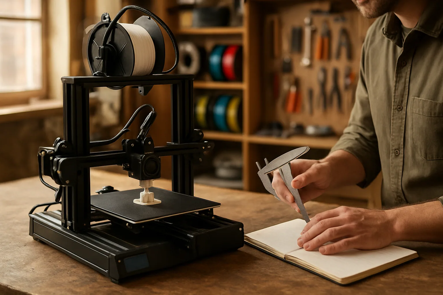 Una impresora 3D en un taller de makers con piezas impresas, herramientas y una persona revisando el proceso junto a una mesa de trabajo.