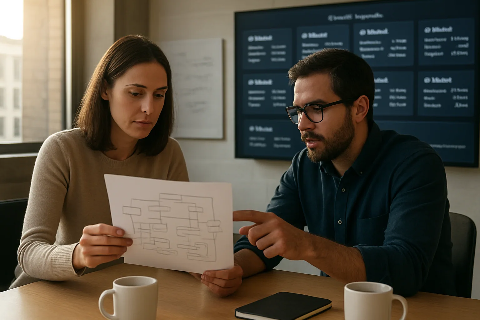 Una persona revisa en una oficina moderna un panel con métricas de múltiples servicios de IA mientras conversa con un equipo técnico frente a una pantalla de monitoreo.