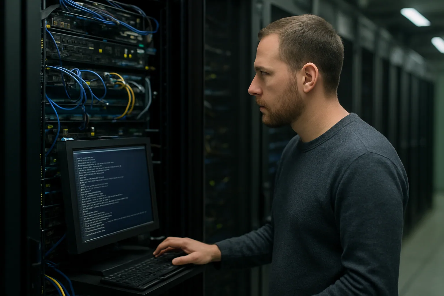 Un administrador de sistemas revisa una consola SSH en una pantalla de servidor dentro de un centro de datos, con racks al fondo y luz fría de oficina técnica.