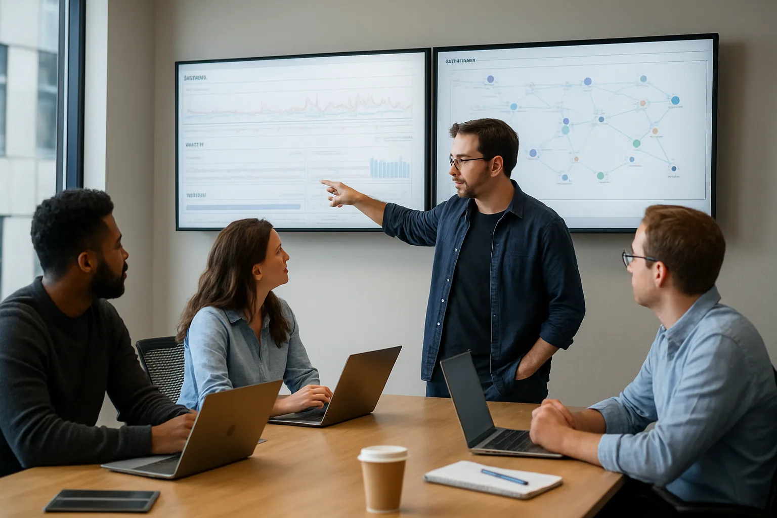 Un equipo de ingeniería revisa paneles de observabilidad en una sala de reuniones, con gráficos de métricas, trazas y logs en varias pantallas.