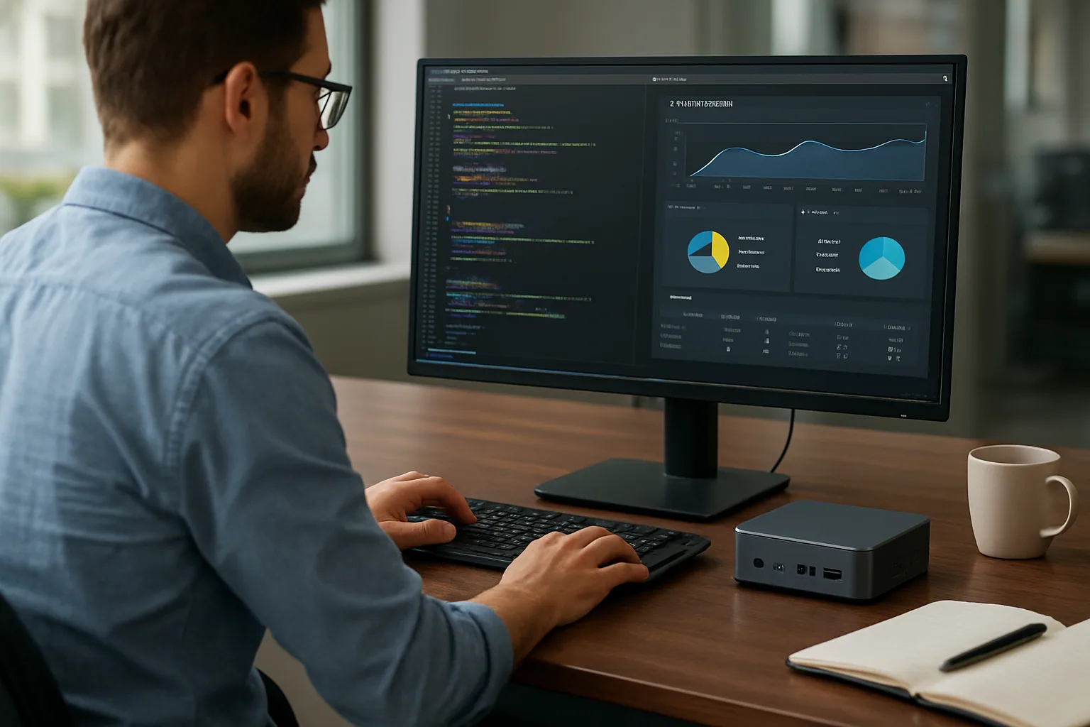 Un portátil de desarrollo junto a una mini PC Intel en un escritorio de oficina, con una pantalla mostrando métricas de inferencia y código de IA local.