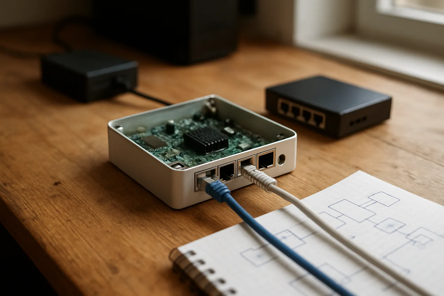 Un router OpenWrt One sobre una mesa junto a cables de red, una fuente de alimentación y un switch pequeño en un entorno de laboratorio doméstico.