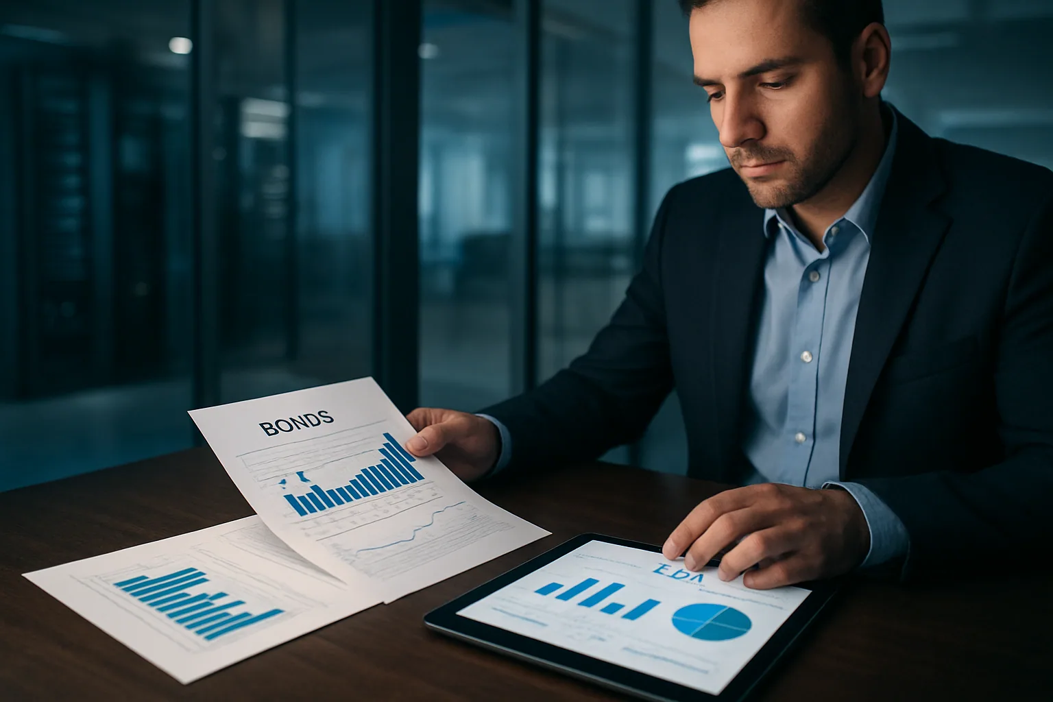Un analista revisa documentos financieros frente a pantallas con gráficos de deuda y centros de datos en una oficina moderna.