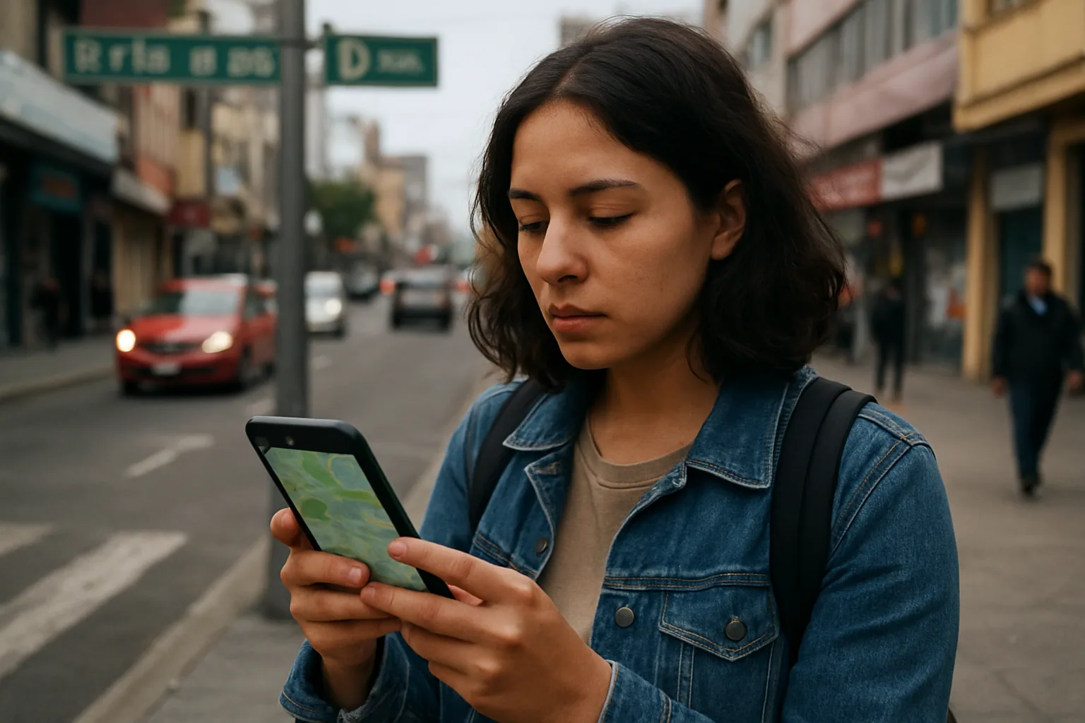 Una persona consulta Organic Maps en un teléfono mientras camina por una calle urbana, con un mapa abierto visible y tráfico de fondo.