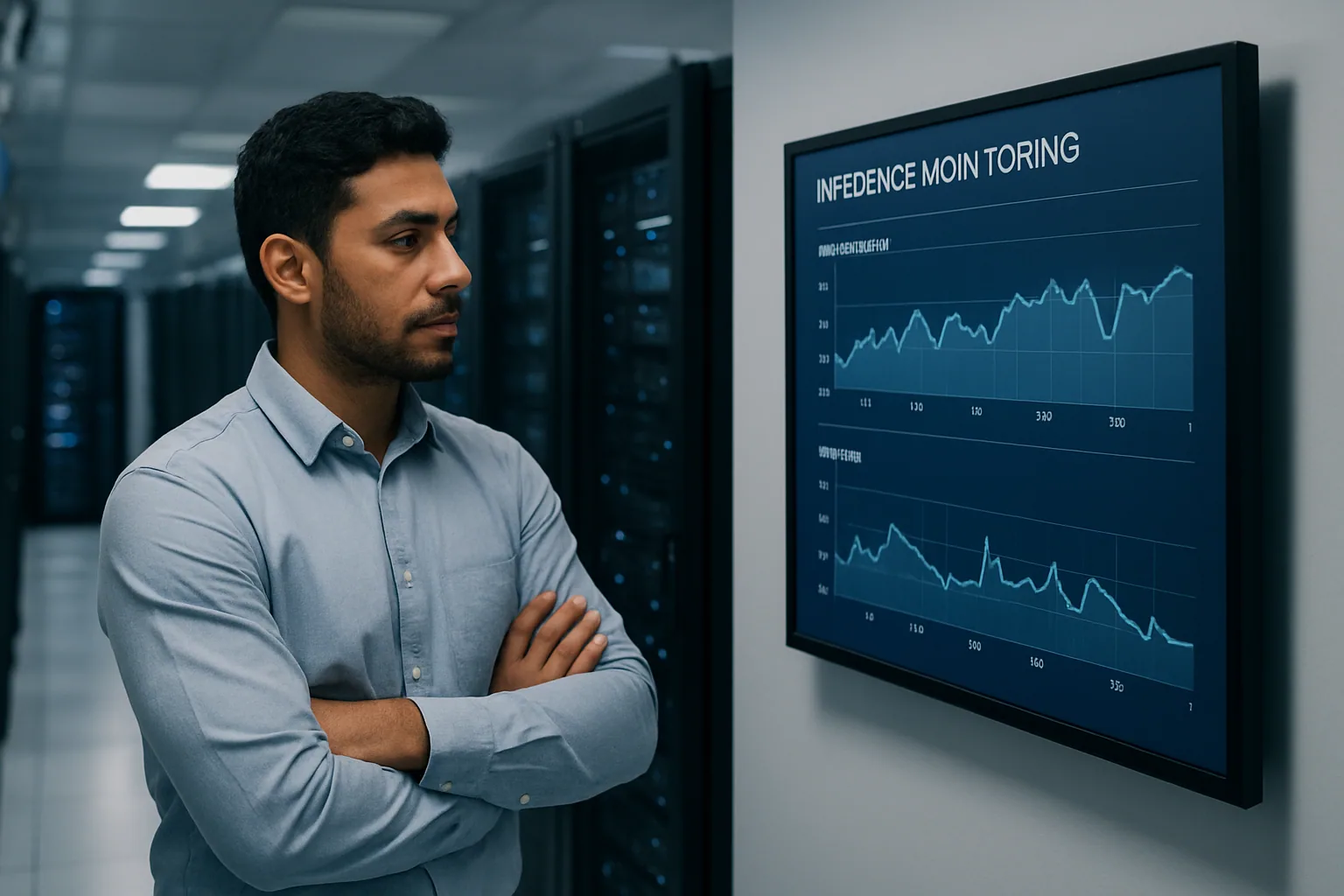 Un ingeniero revisa métricas de inferencia en un panel de monitoreo dentro de un centro de datos, con servidores al fondo y una pantalla mostrando uso de memoria y latencia.