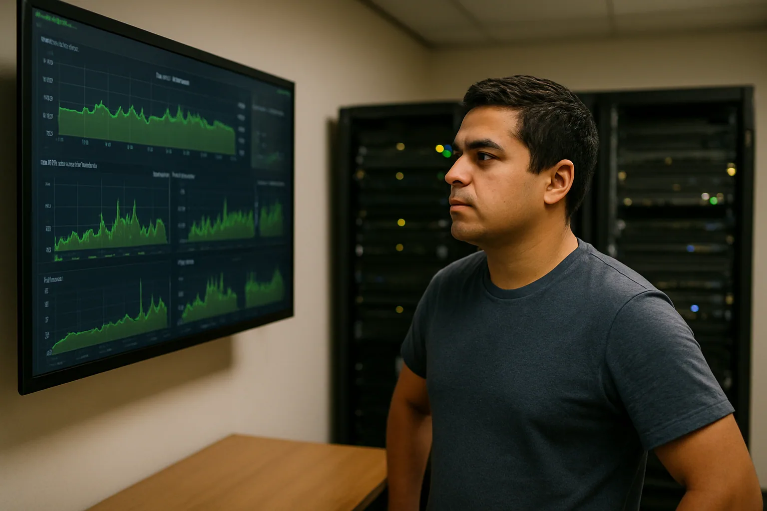 Una persona revisa en un monitor métricas de conexiones de Postgres en una sala de operaciones técnica con varios servidores al fondo.
