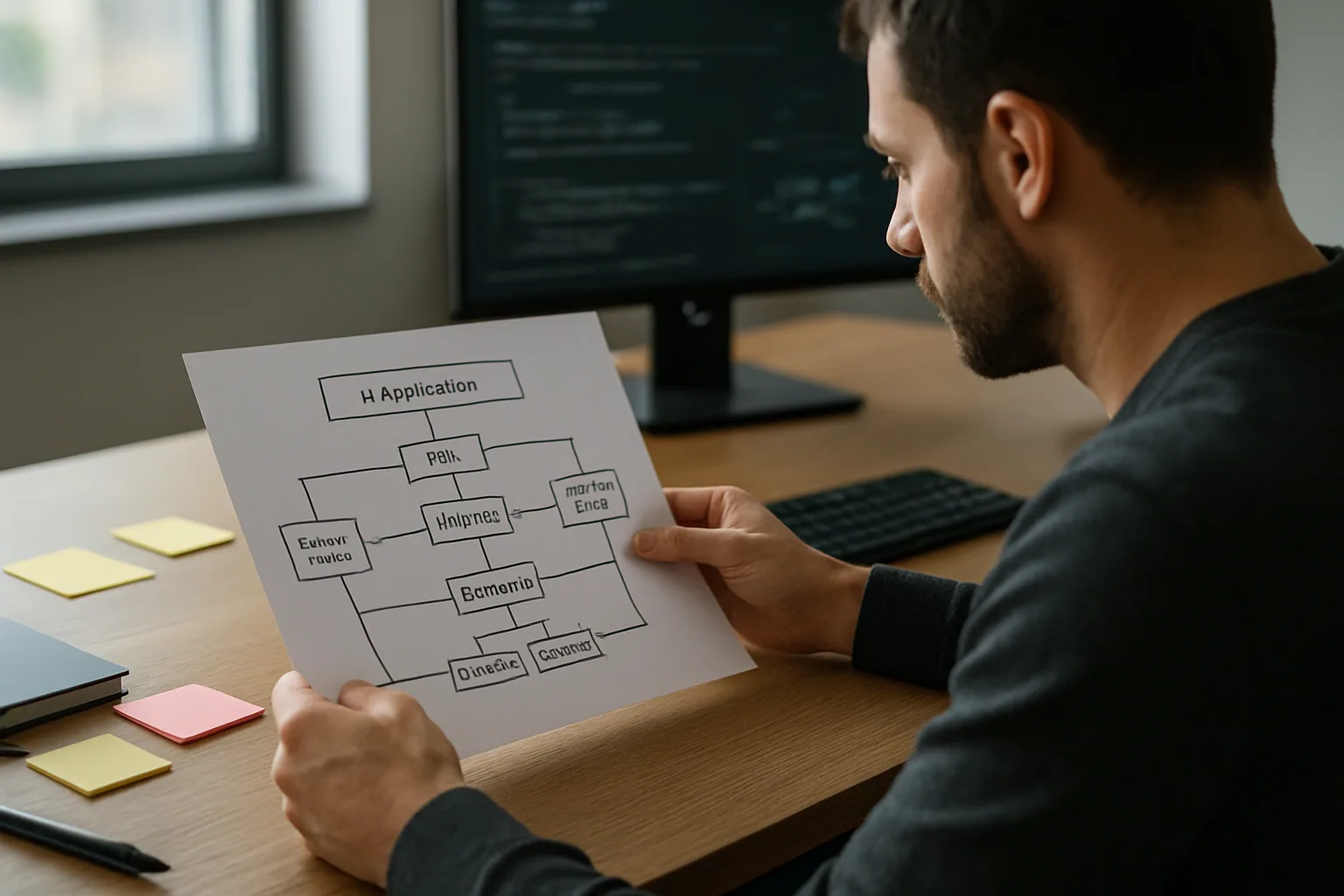 Una persona de seguridad revisa un diagrama de arquitectura de IA generativa impreso en una mesa de trabajo junto a notas y un teclado en una oficina moderna.