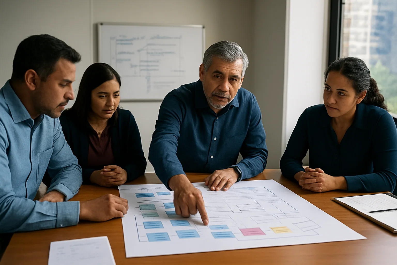 Equipo técnico revisando un tablero de riesgos de IA generativa en una sala de reuniones con diagramas y notas adhesivas.