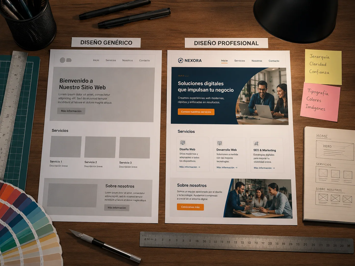 Dos maquetas de página web impresas lado a lado sobre el escritorio de un diseñador: una genérica y otra pulida.