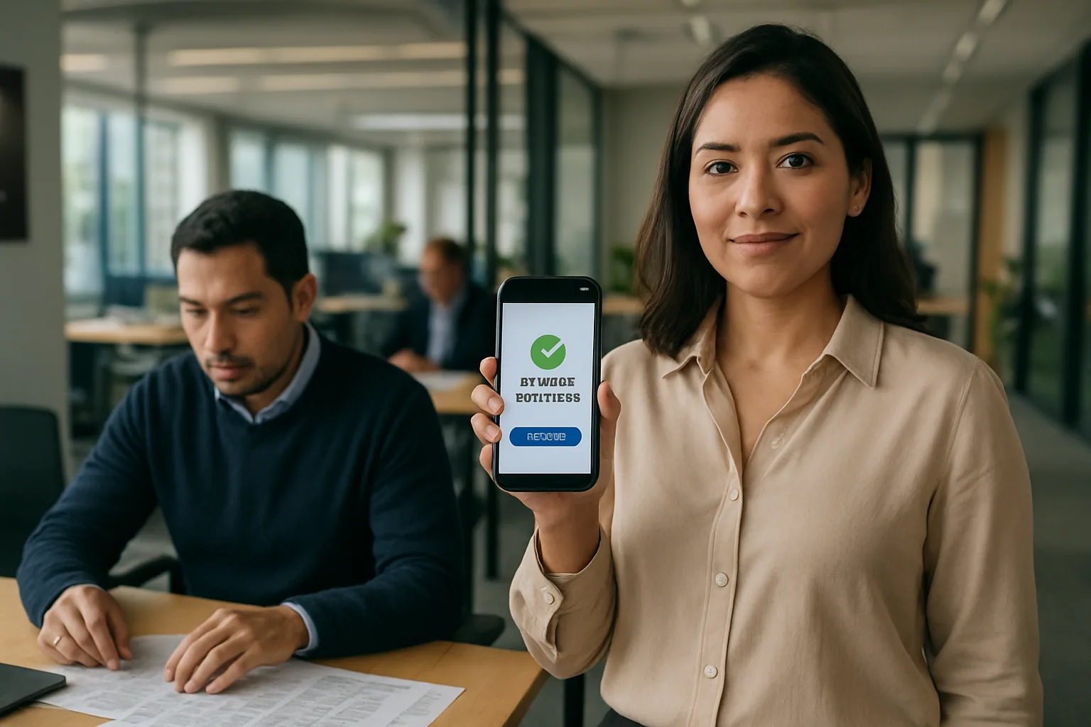 Una ejecutiva revisa en una mesa de oficina un teléfono con una app de pagos mientras un colega observa una pantalla con flujo de aprobación y tarjetas sobre la mesa.