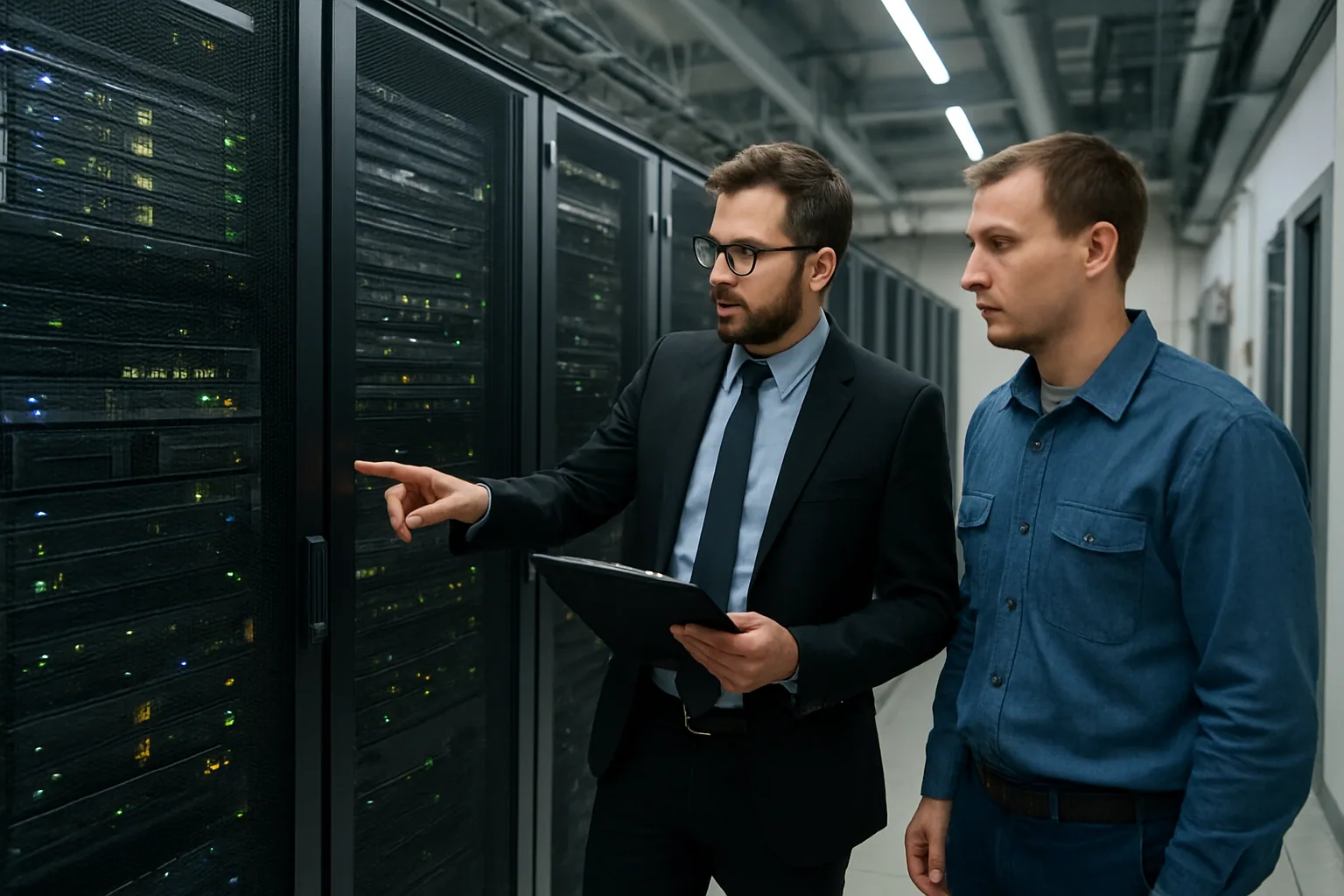 Un técnico revisa racks de servidores en un centro de datos, con varios equipos encendidos y pasillos industriales al fondo.