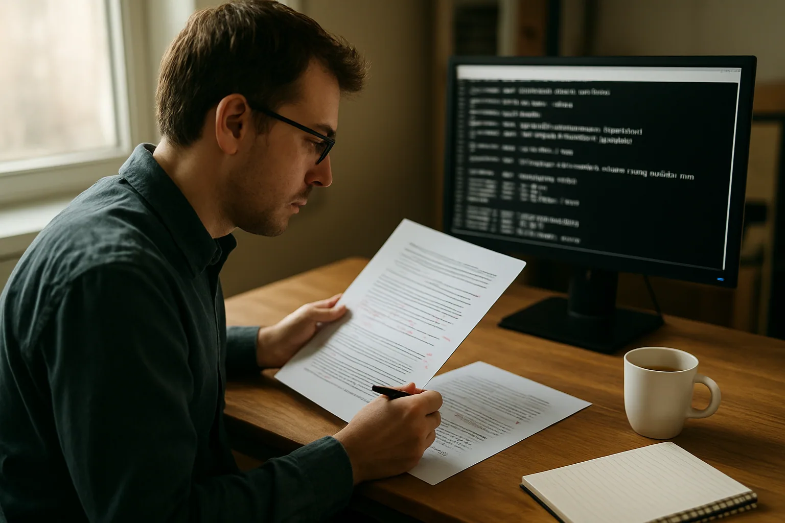 Una persona revisa un documento impreso con anotaciones junto a una terminal abierta mostrando comandos de Pandoc en un escritorio de trabajo editorial.