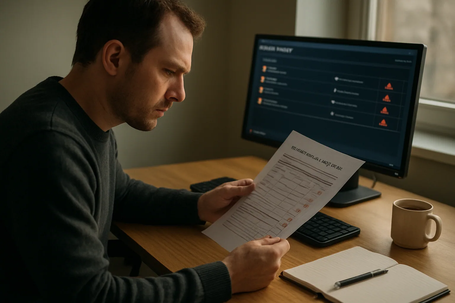 Una persona revisa en un monitor una lista de paquetes npm y alertas de seguridad en una oficina de desarrollo.