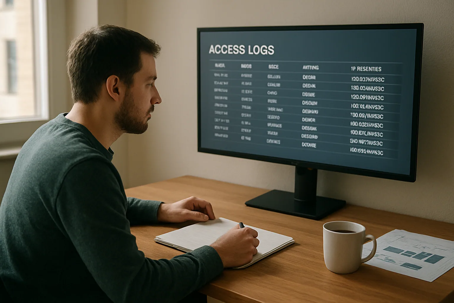 Un creador revisa en una pantalla de monitoreo el acceso a su contenido de suscripción mientras se ve una oficina con ambiente editorial y documentos abiertos.