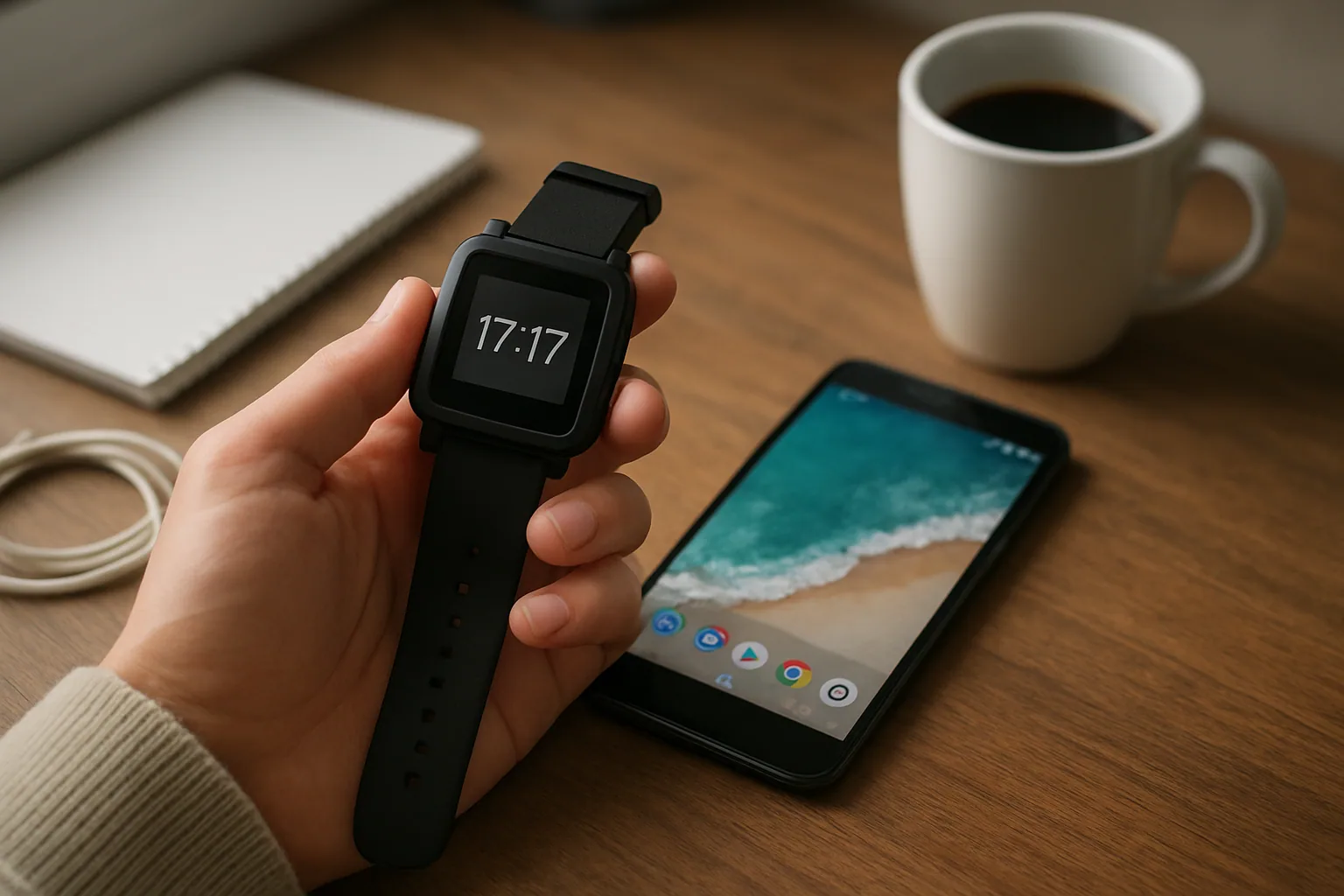 Un reloj Pebble clásico sobre una mesa junto a un teléfono Android moderno, con una persona revisando la pantalla del reloj en una cafetería.