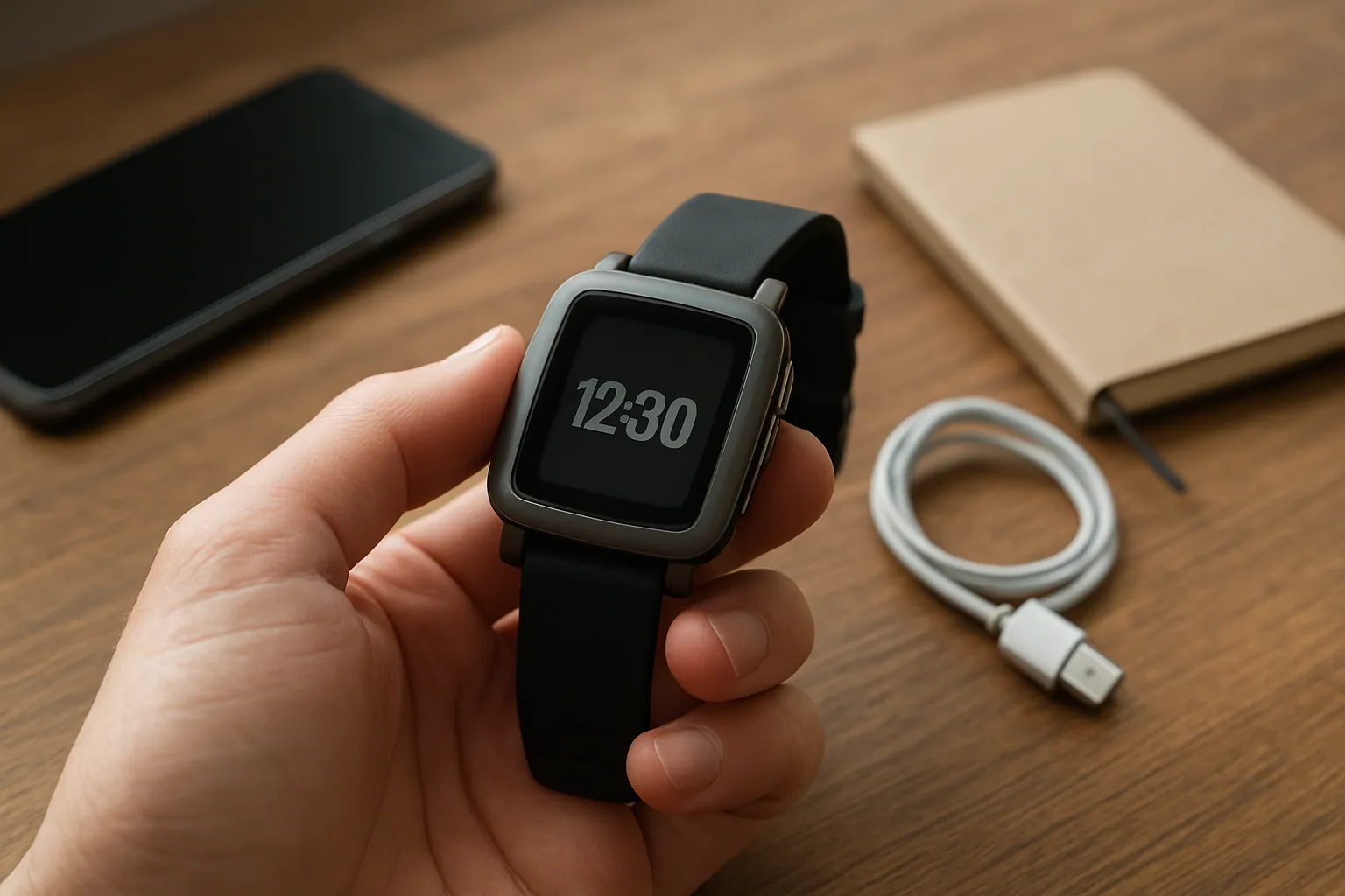 Un reloj Pebble sobre una mesa junto a un teléfono y una libreta, con una mano sosteniéndolo en un entorno de escritorio realista.