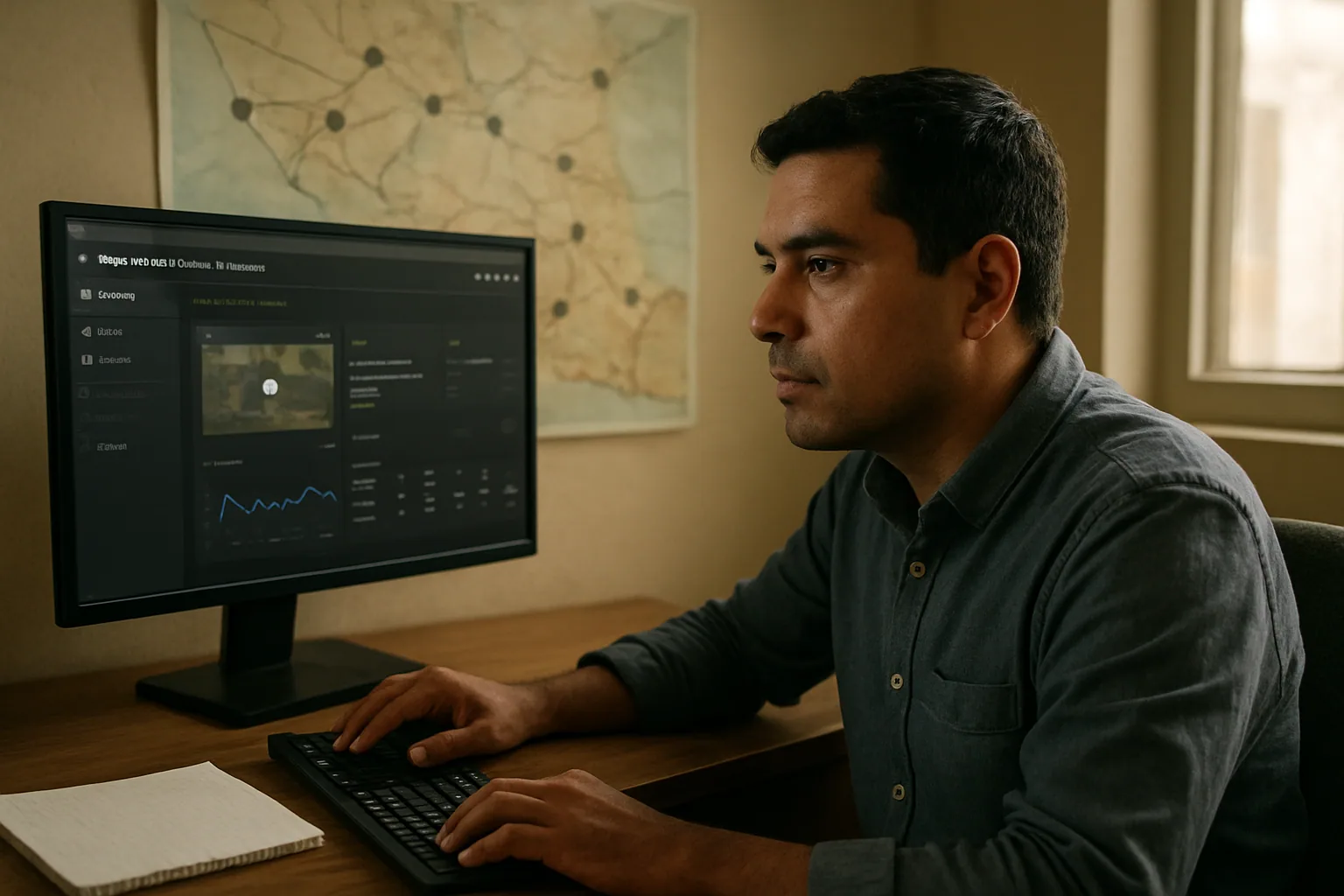 Una persona administra una instancia de video en una oficina pequeña mientras en una pantalla se ven miniaturas de videos y un mapa de nodos conectados entre sí.