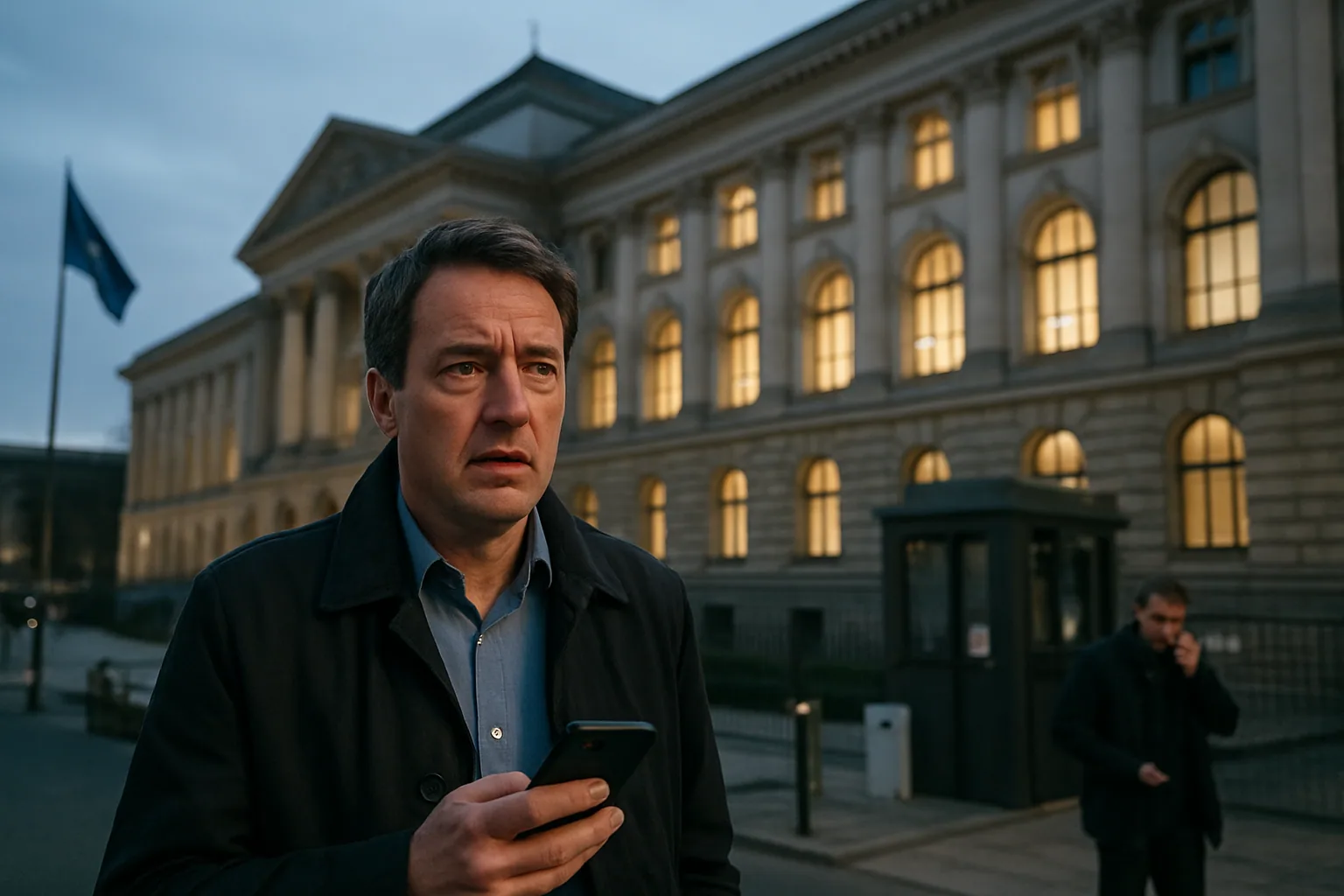 Una persona revisa un teléfono móvil frente a un edificio institucional europeo al atardecer, con un aire de vigilancia y tensión.