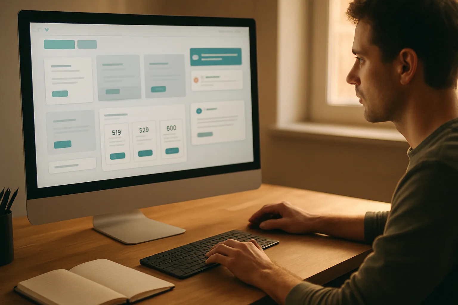 Una persona revisa en un monitor una interfaz web llena de tarjetas, badges y banners repetidos mientras toma notas en un escritorio de trabajo.