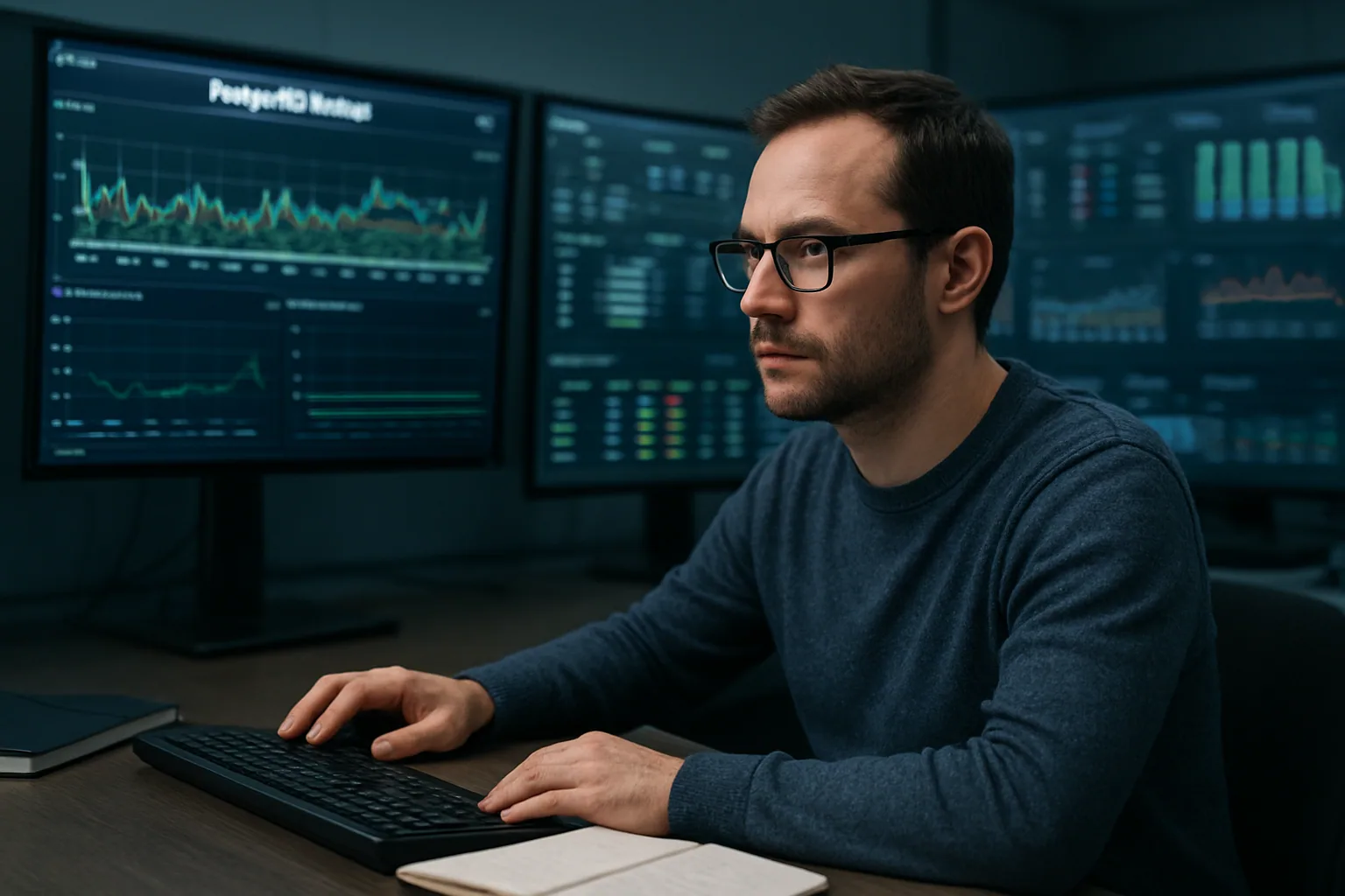 Un ingeniero revisa métricas de Postgres y PgBouncer en una sala de operaciones con pantallas de monitoreo y gráficas de conexiones activas.