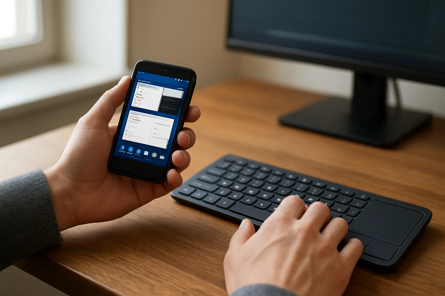 Un teléfono compatible con Linux móvil apoyado sobre una mesa, mostrando una interfaz de escritorio táctil con paneles y aplicaciones abiertas.