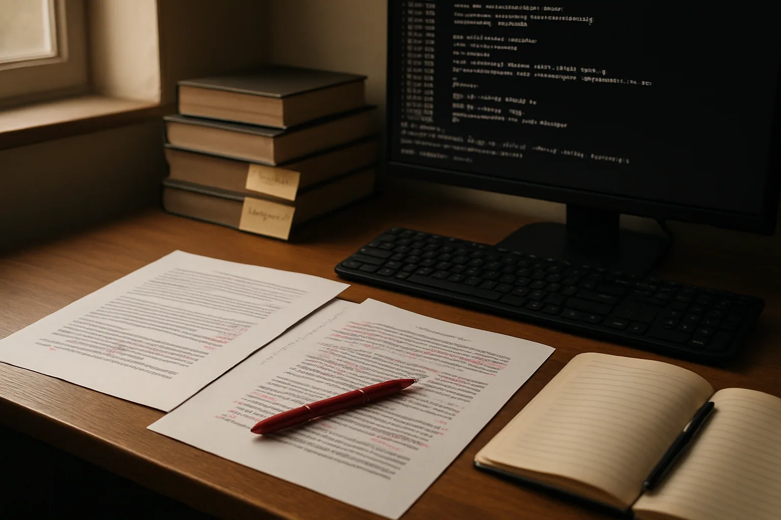 Una mesa de trabajo con manuscritos impresos, un cuaderno abierto, una terminal en una pantalla y varias notas adhesivas organizando un flujo editorial técnico.
