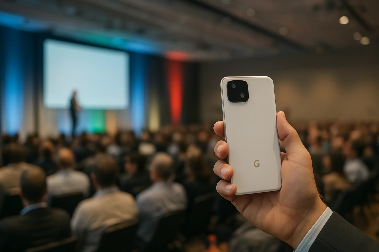 Una persona sostiene un teléfono Pixel frente a un auditorio de presentación con pantallas de Google al fondo.