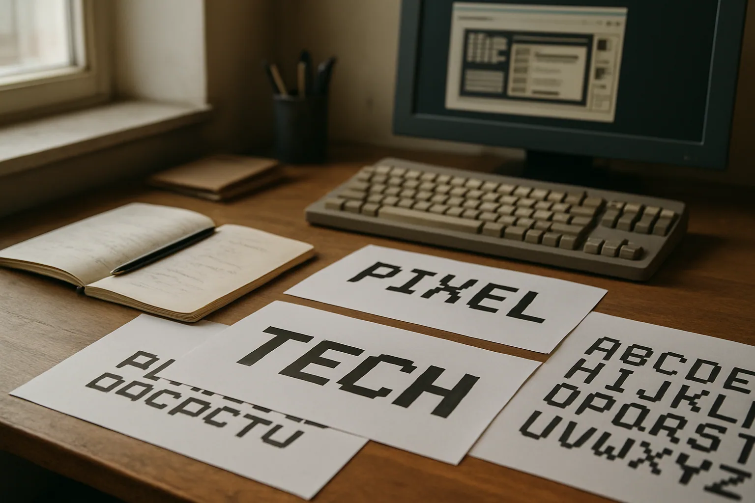 Una mesa de trabajo con pruebas impresas de tipografías pixel, una libreta abierta y una pantalla mostrando una interfaz retro minimalista.