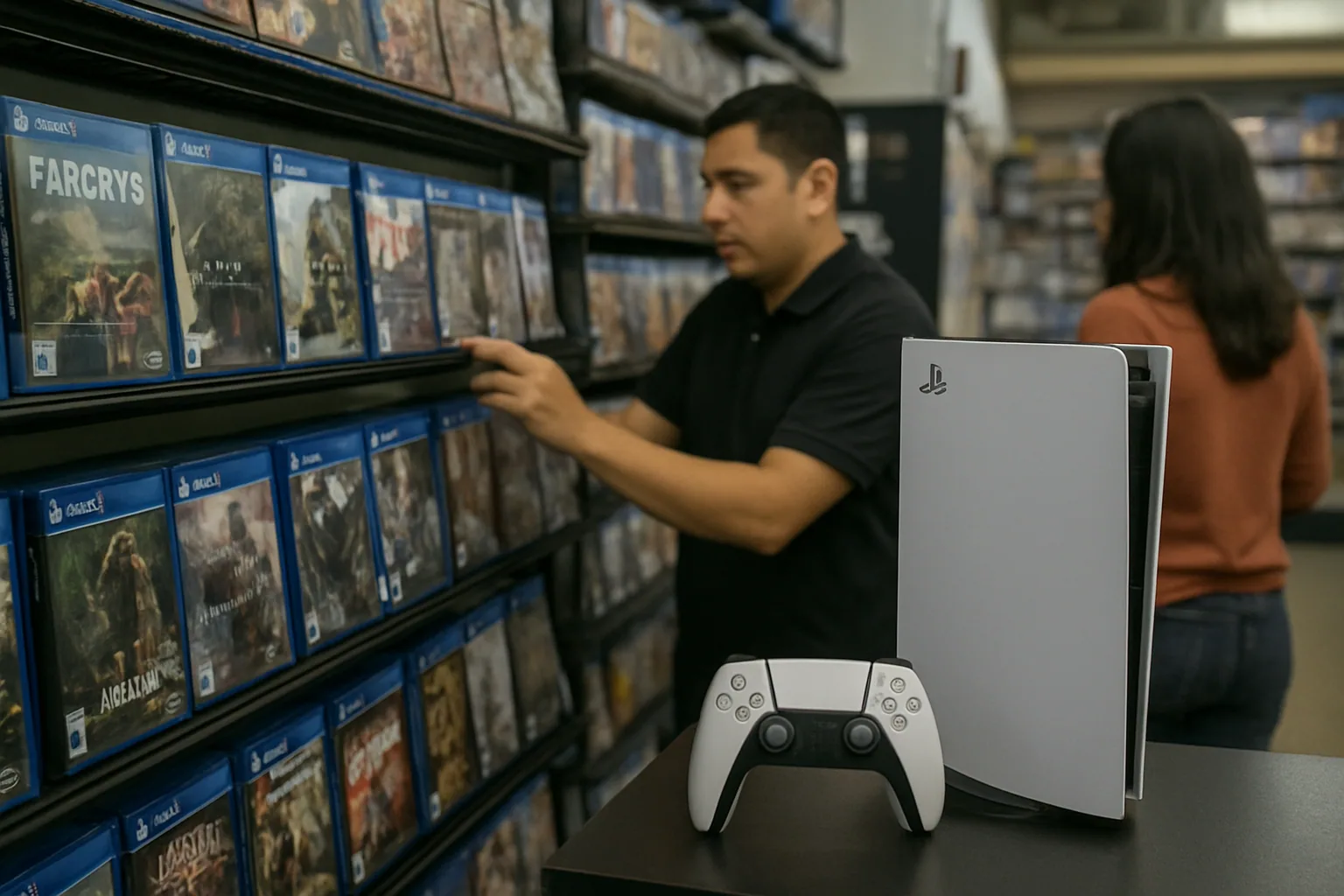 Una tienda de videojuegos con estantes de discos de PlayStation y una consola moderna en exhibición, mientras un cliente mira cajas físicas.