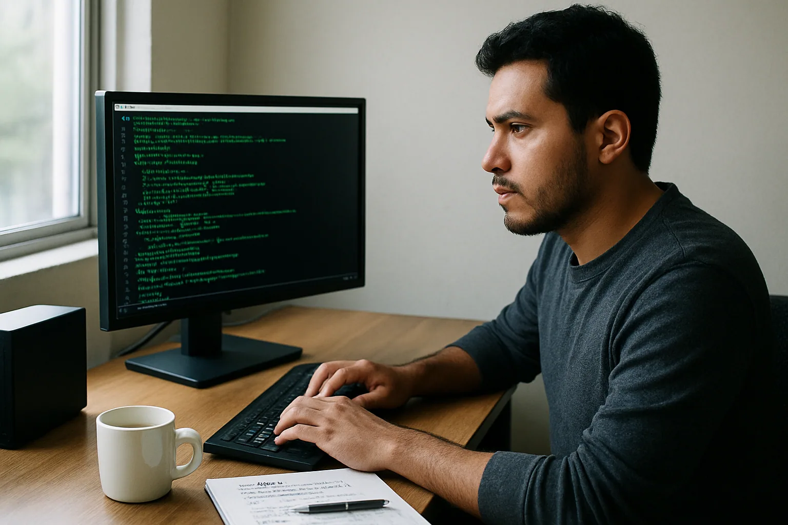 Una persona administrando contenedores y máquinas en una terminal de Linux dentro de una oficina técnica, con un cuaderno y una taza al lado.