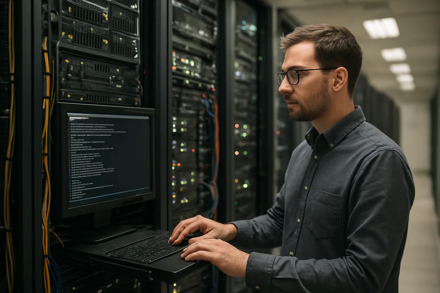 Una persona administrando contenedores en una terminal Linux dentro de una sala de servidores con racks al fondo y una pantalla mostrando logs del sistema.
