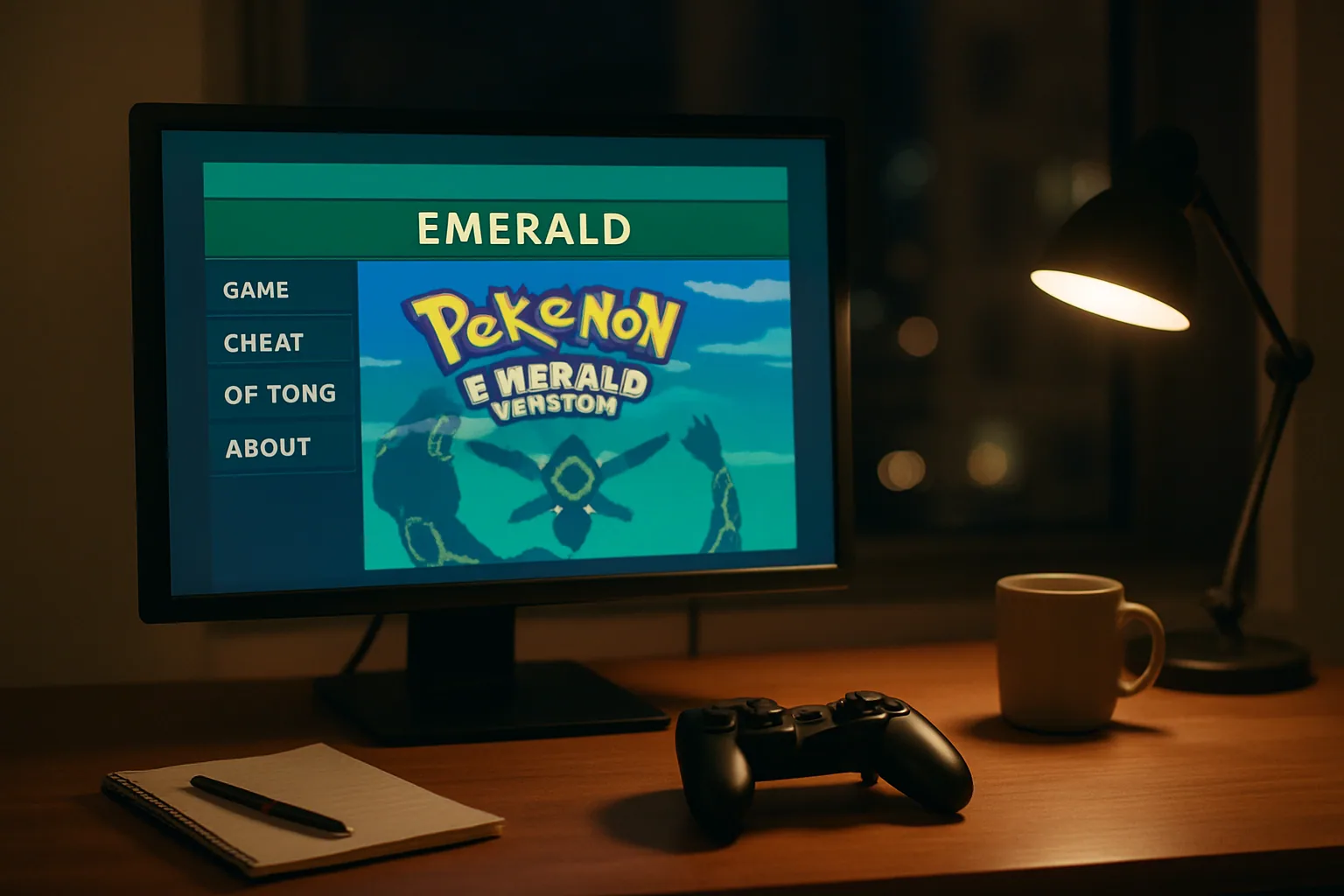 Una persona juega Pokémon Emerald en una ventana del navegador en un monitor de escritorio, con un control conectado y una escena de oficina real al fondo.